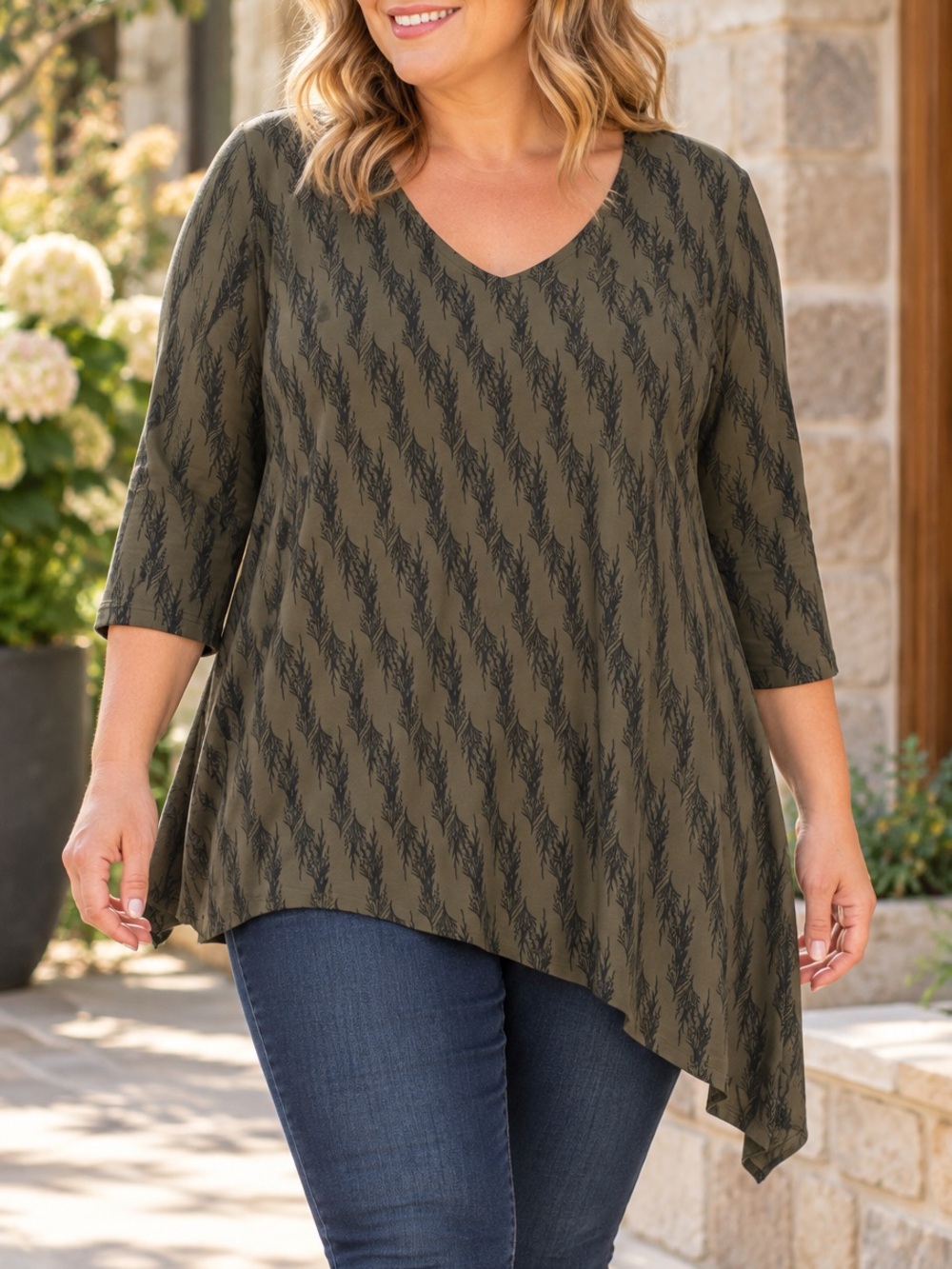 Blue Sky Clothing Bamboo/Cotton Blend Tunic Top Olive Green Botanical Print 2X